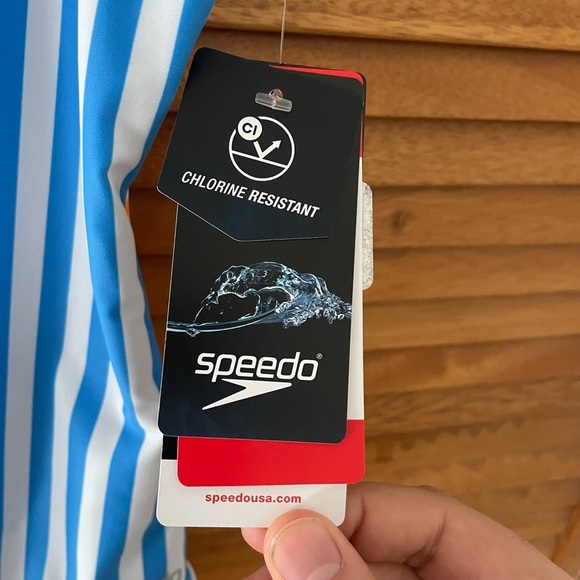 Speedo Girls Blue and Orange Stripe Blocked One Piece Swimsuit Sz 14 NWT - Picture 5 of 8